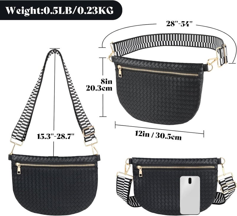Dealkion Woven Crossbody Bags for Women Leather Belt Bum Sling Purse Fanny Waist Pack Chest Shoulder Bag for Women-Black - Image 5